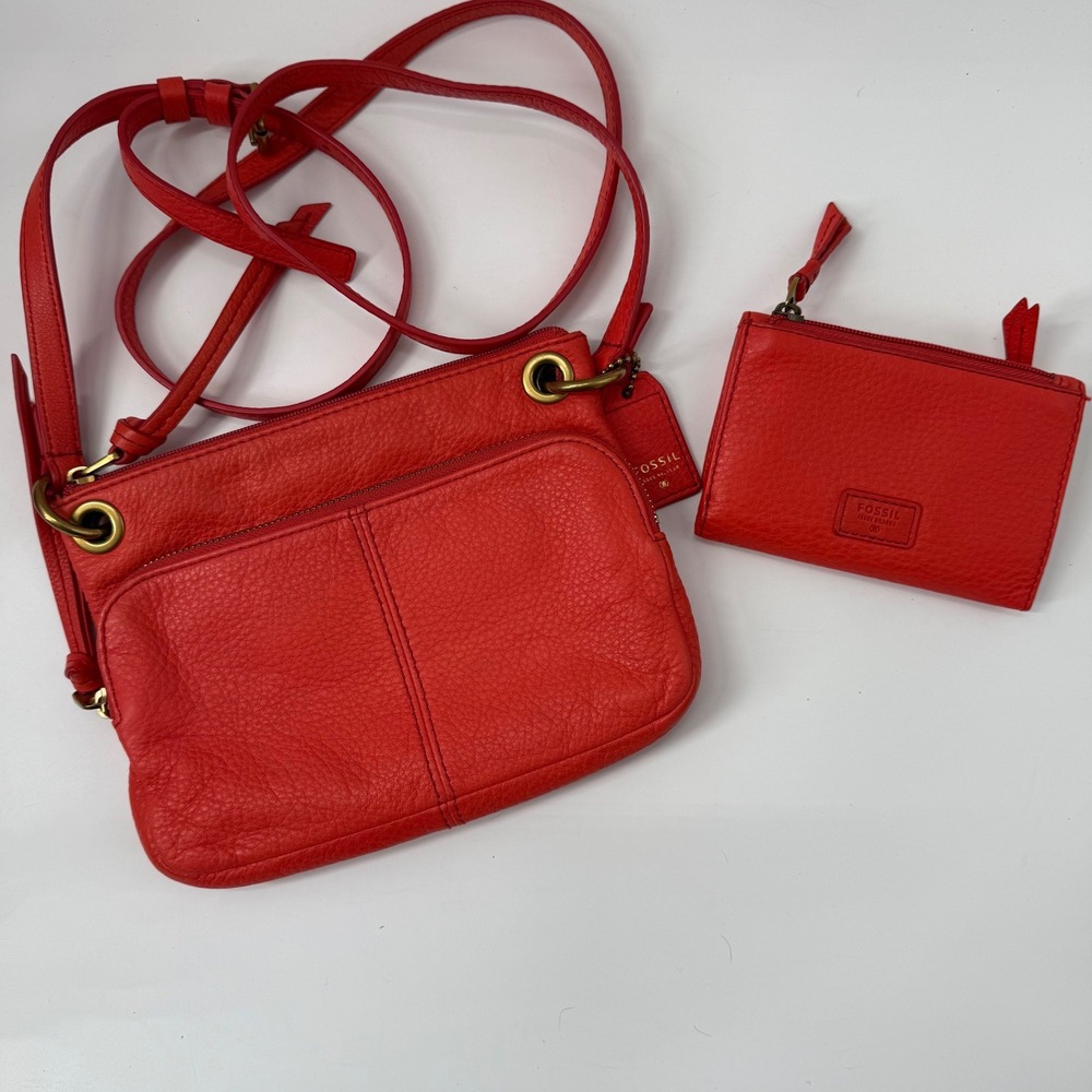Fossil Orange Pebbled Leather Crossbody Bag and Matching Trifold Wallet Set